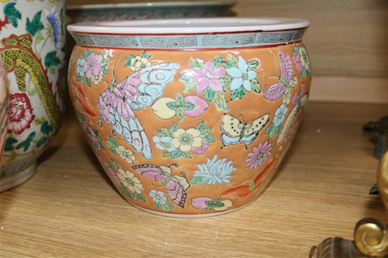 Two Chinese famille rose vases, two jardinieres, fish bowl and a Portmeirion vase